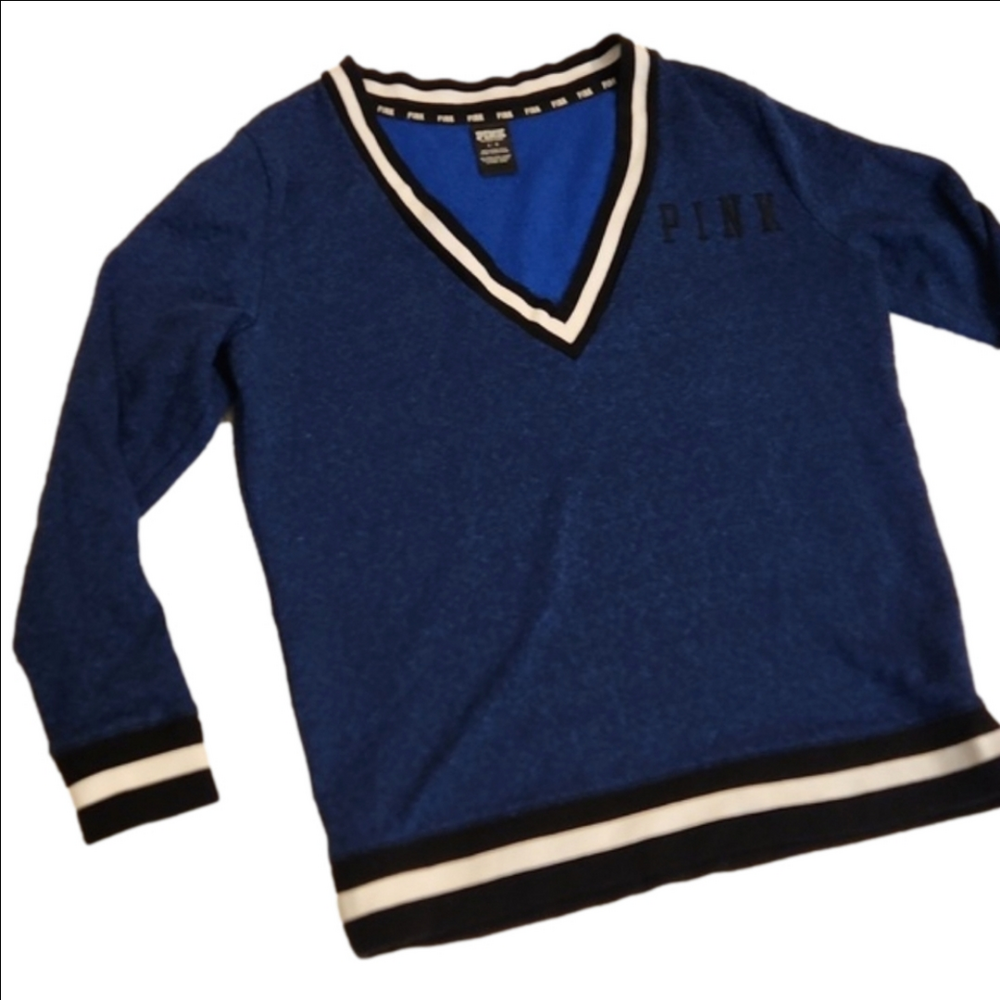 Womens PINK oversized royal blue & black v neck ringer sweatshirt size L.